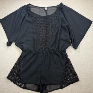 Womens Romper BONGO Size S Black Chiffon Lace Panel Flutter Sleeve Elastic Waist